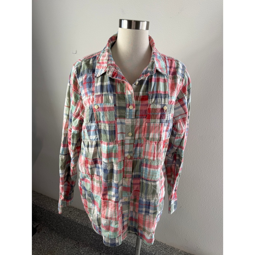 LL Bean Women XL Patchwork Plaid Cotton Button Down Shirt Multi Color 501579